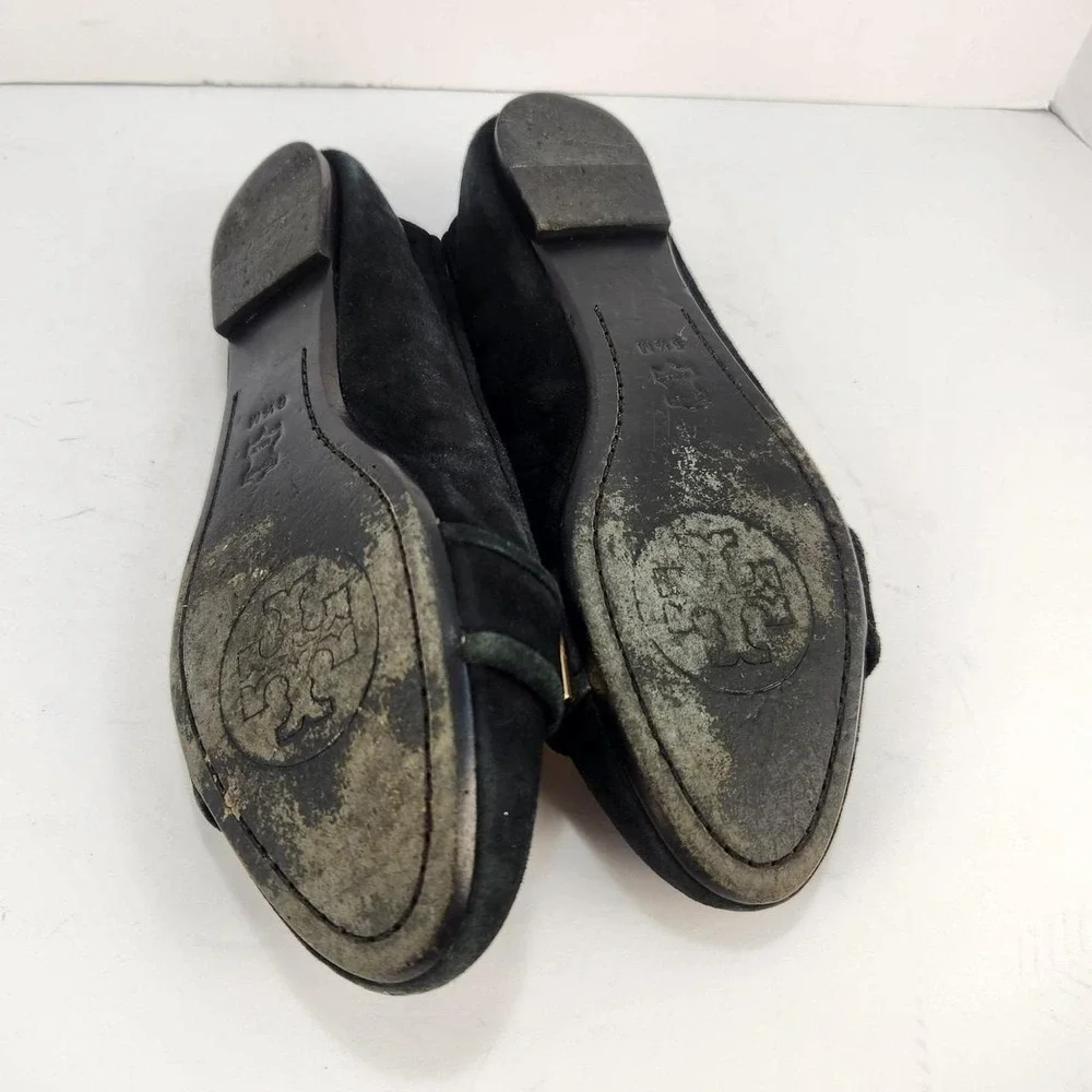 Tory Burch Women's 6.5M Black Suede Asher Studded Ballet Flats Gold Hardware